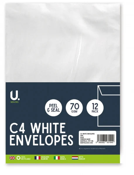 C4 white envelopes 12 pack