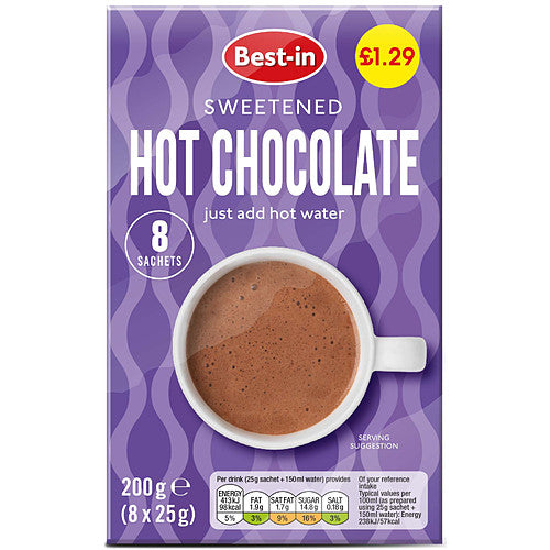 Best-in sweetened hot chocolate just add hot water 8 sachets 200g 8 x 25g